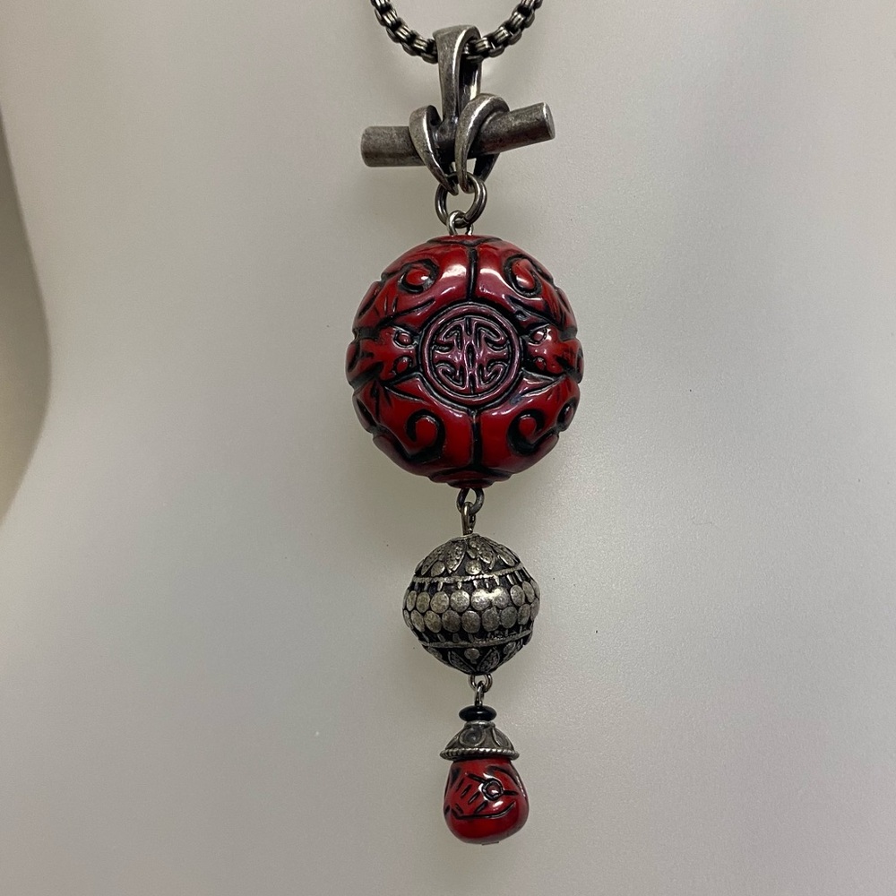 Chico’s Women’s Necklace Fashion Jewelry Pewter Red Bead Stone Ethnic Tribal - Picture 2 of 3